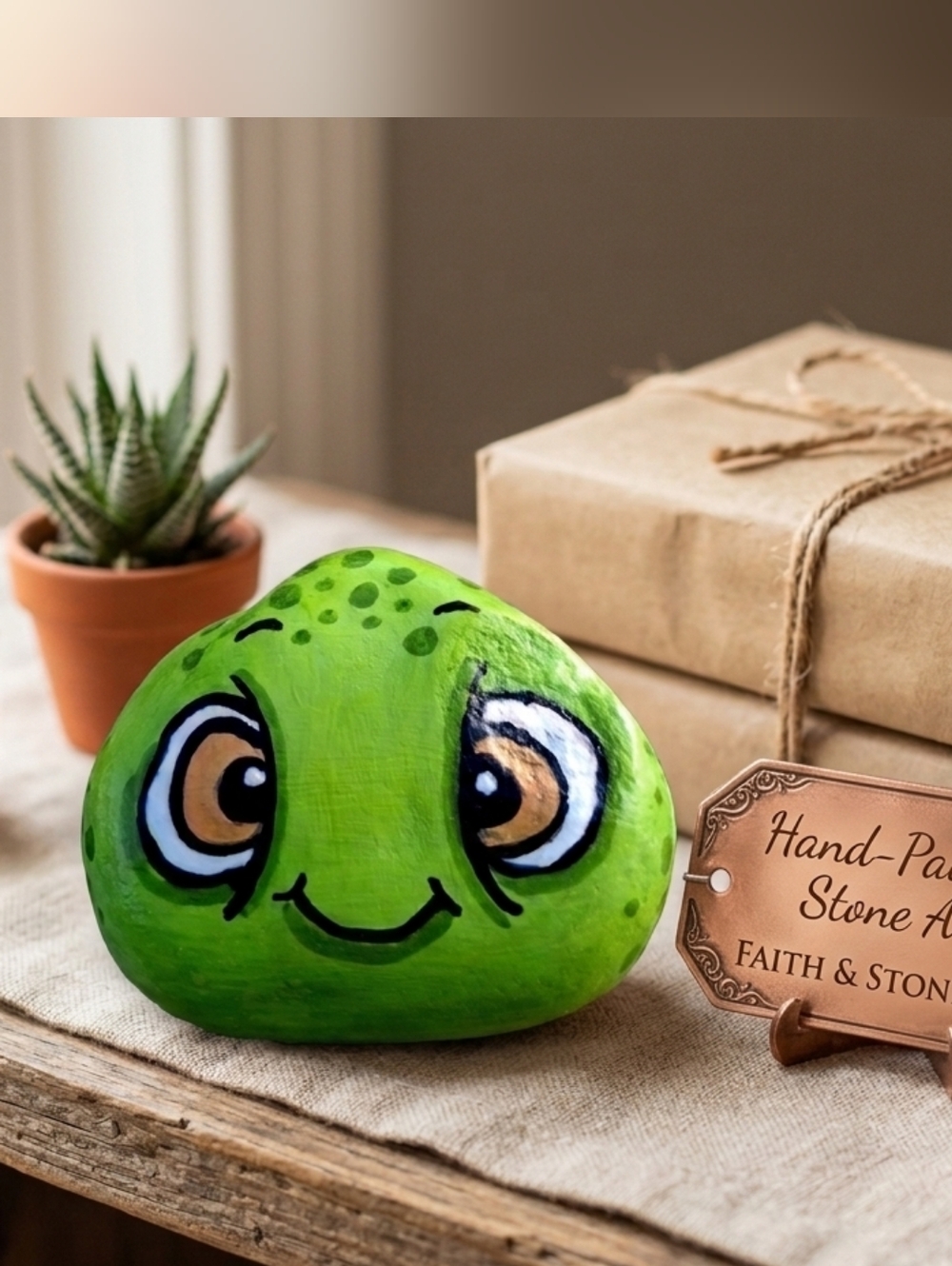 Hand-Painted Green Smiling Rock Art - Cute Decorative Stone